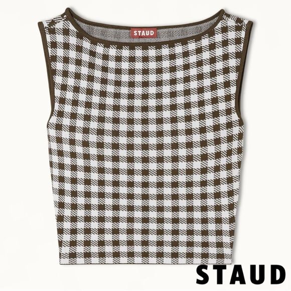 STAUD **NWT** Montgomery Cropped Knit Tank in Chocolate Brown Gingham - Picture 1 of 14